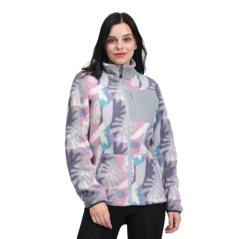 Veste en polaire sherpa à fleurs avec poche plaquée en velours côtelé pour femme