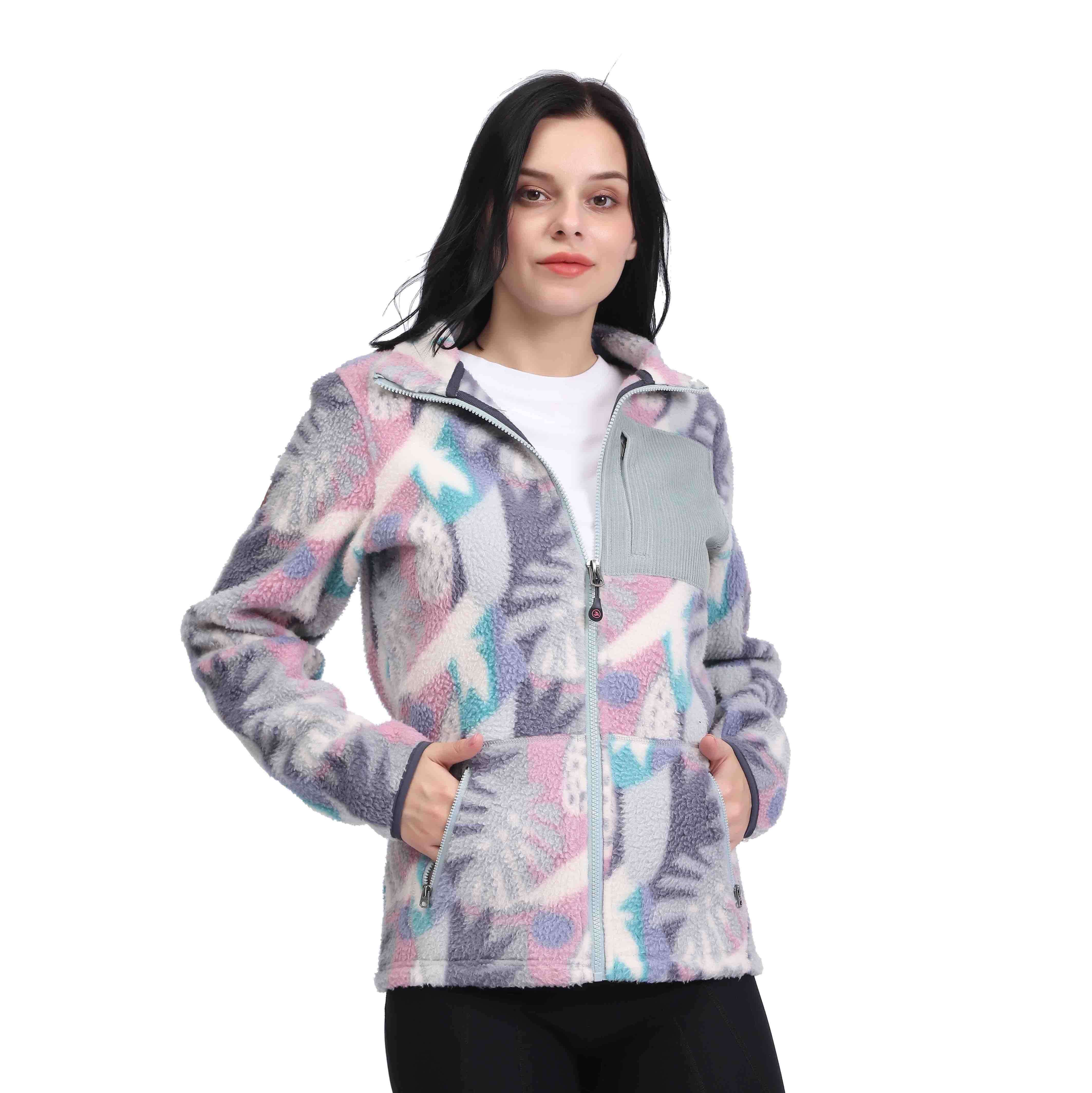 Veste en polaire sherpa à fleurs avec poche plaquée en velours côtelé pour femme