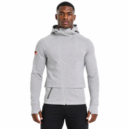 Veste à capuche pour hommes avec patte diagonale et col haut, double fermeture éclair, manches raglan