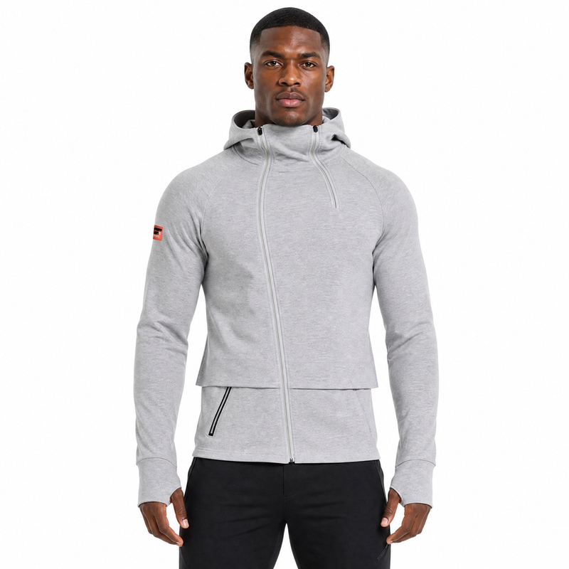 Veste à capuche pour hommes avec patte diagonale et col haut, double fermeture éclair, manches raglan