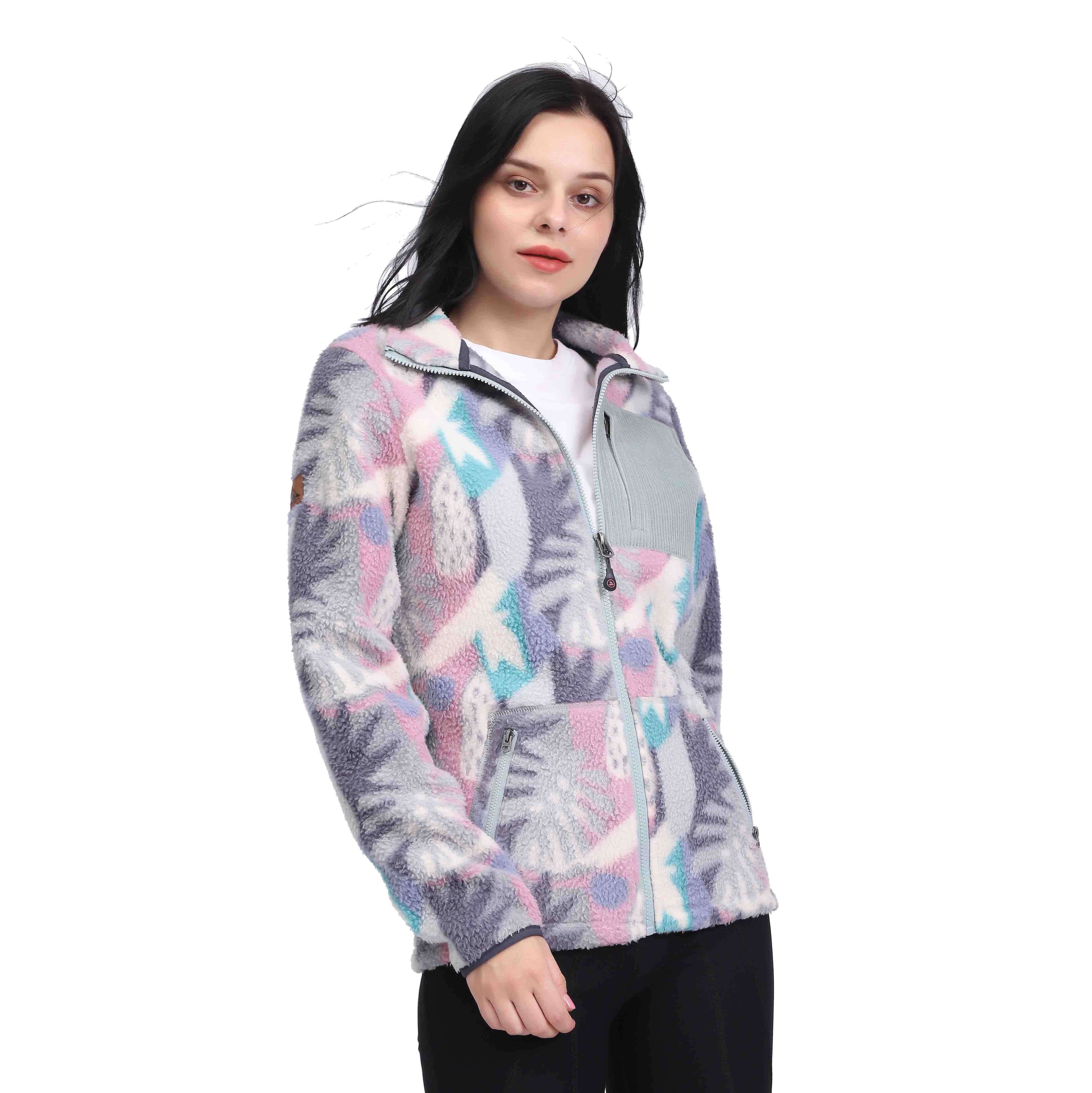 Veste en polaire sherpa à fleurs avec poche plaquée en velours côtelé pour femme