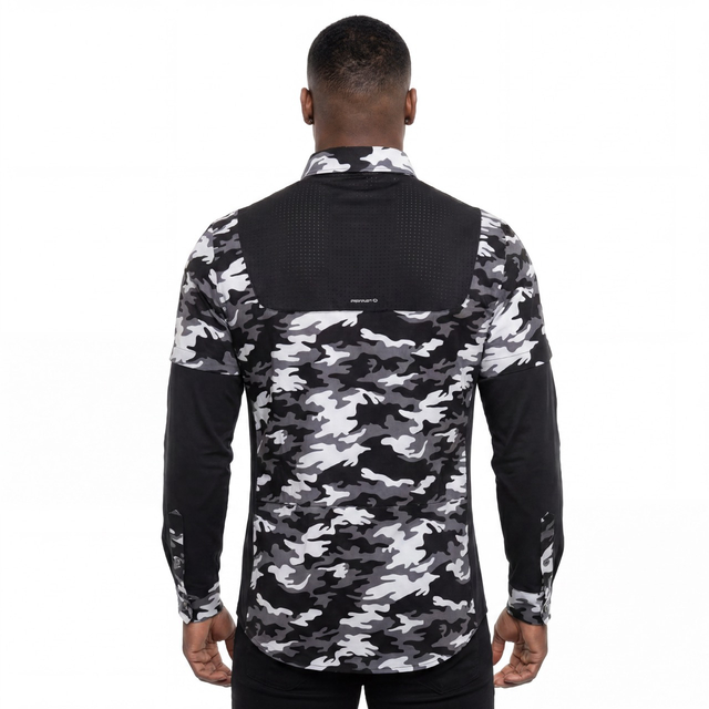 Chemise de randonnée à manches doubles avec trous laser bloqués par couleur imprimé camouflage pour hommes