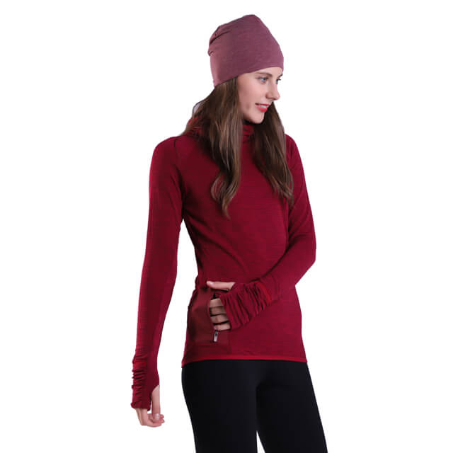 Pull de yoga féminin en thermique rouge thermique athlétique à manches longues à manches longues avec poche zip à trou de pouce