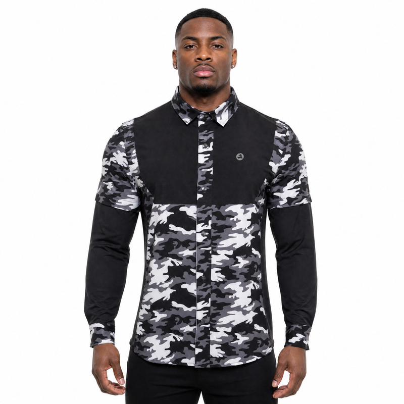Chemise de randonnée à manches doubles avec trous laser bloqués par couleur imprimé camouflage pour hommes