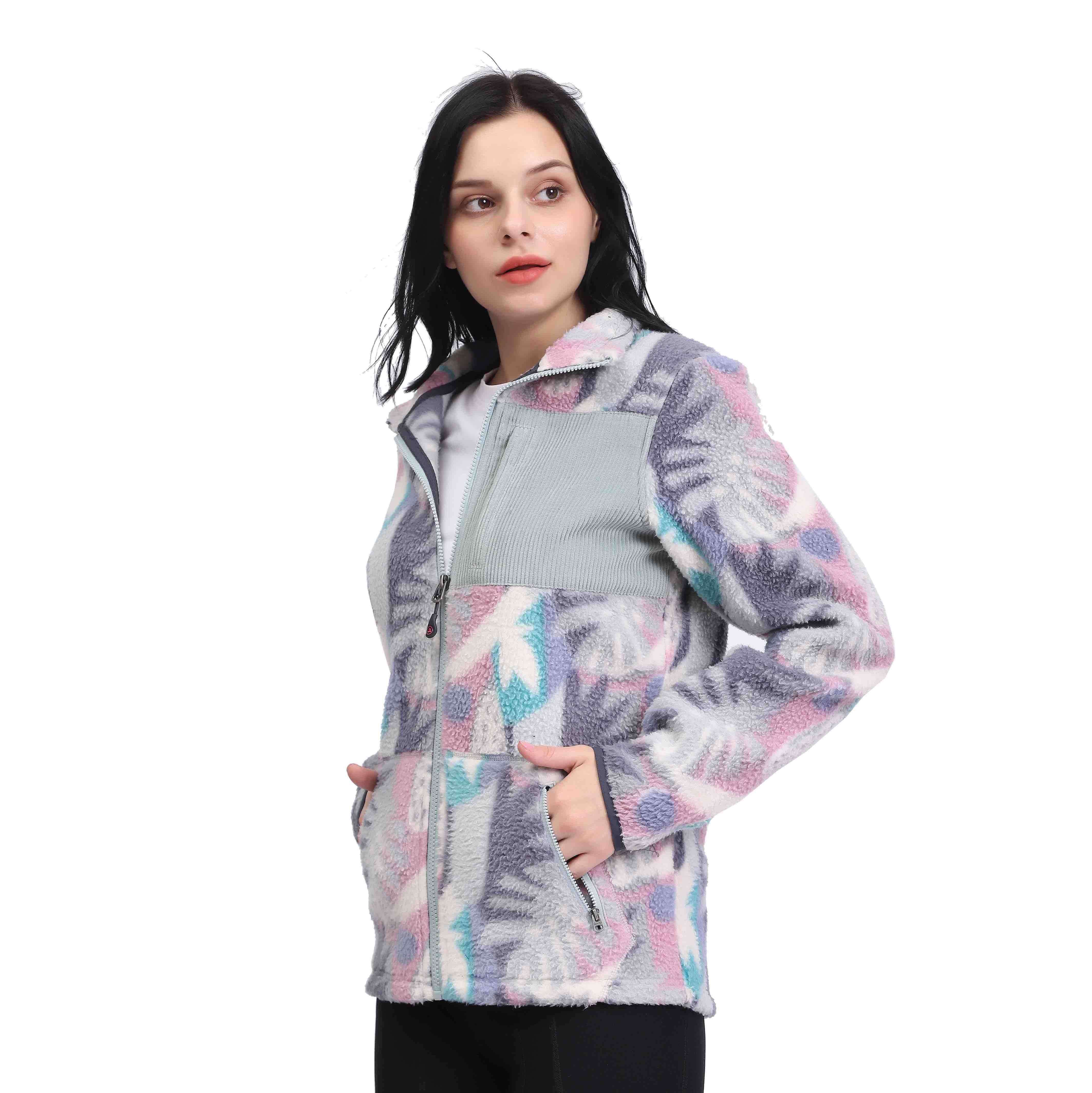 Veste en polaire sherpa à fleurs avec poche plaquée en velours côtelé pour femme