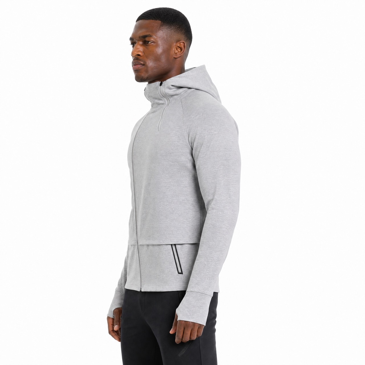 Veste à capuche pour hommes avec patte diagonale et col haut, double fermeture éclair, manches raglan